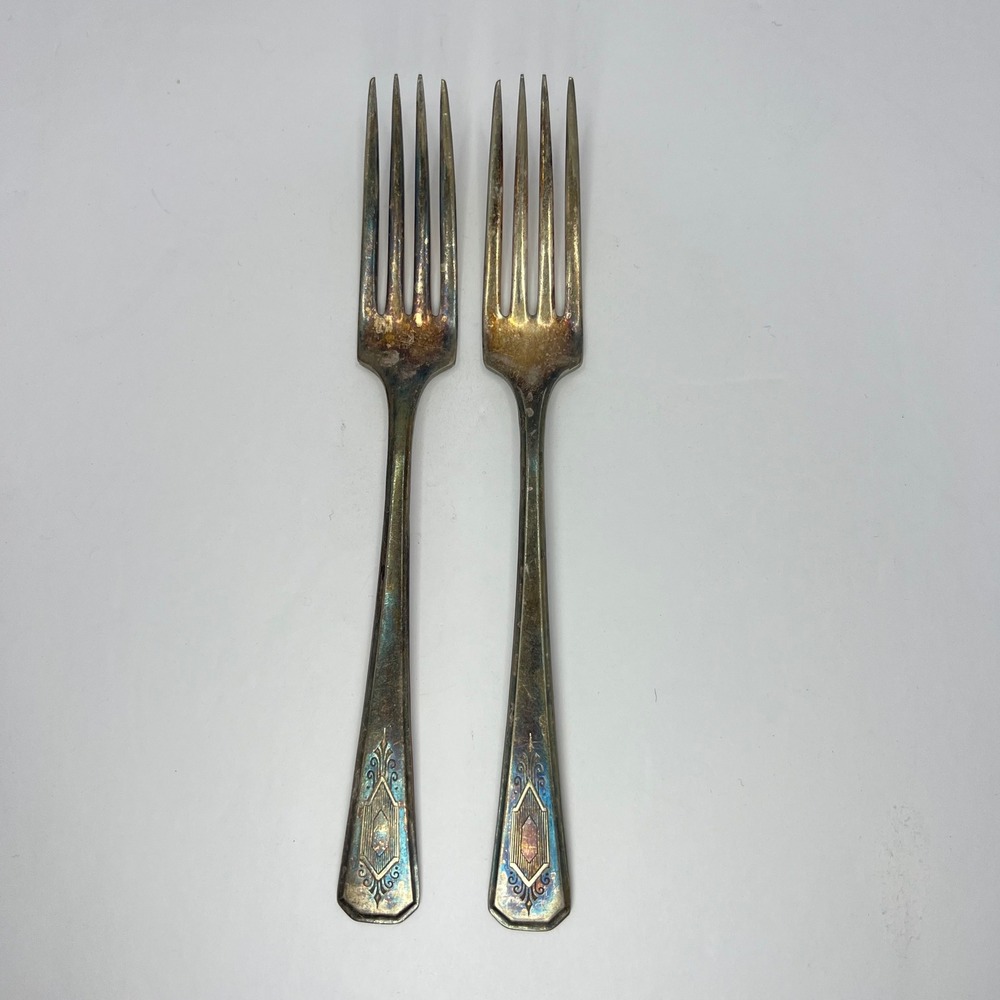Wm A Rogers A1 Plus Silver Plate Dinner Forks 2 Nuart 30s Art Deco Oneida LTD